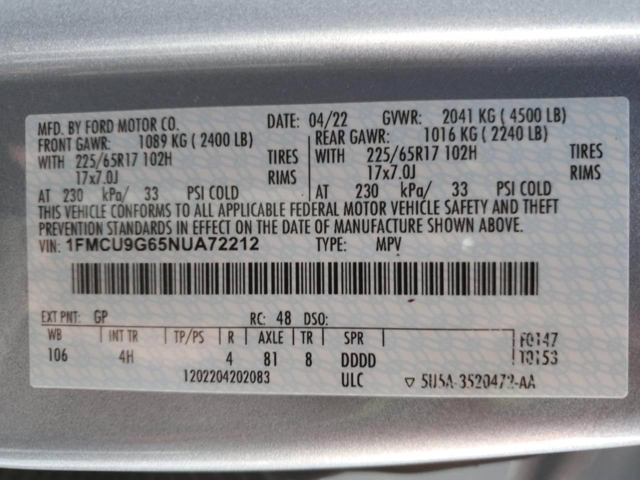2022 FORD ESCAPE SE VIN:1FMCU9G65NUA72212