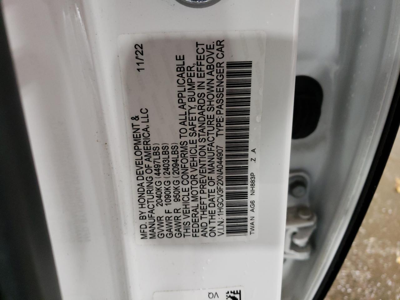2022 HONDA ACCORD HYBRID SPORT VIN:1HGCV3F2XNA044907