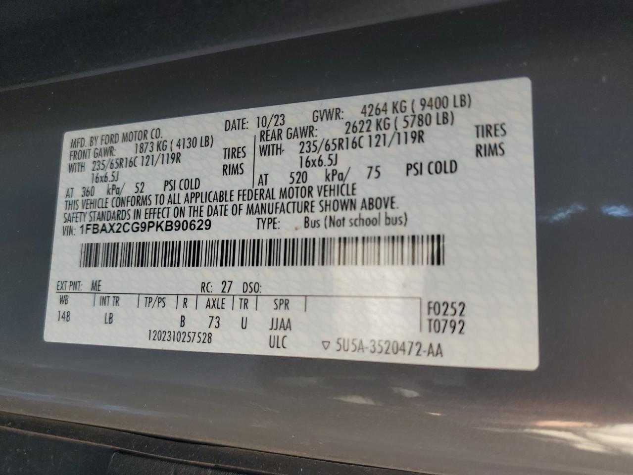2023 FORD TRANSIT T-350 VIN:1FBAX2CG9PKB90629