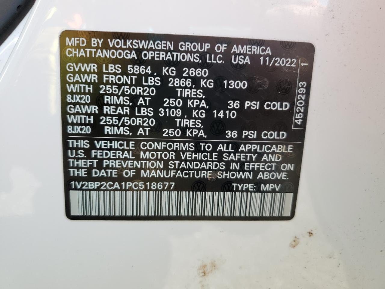 2023 VOLKSWAGEN ATLAS SEL VIN:1V2BP2CA1PC518677