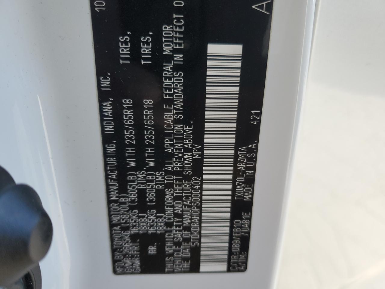 2023 TOYOTA HIGHLANDER L VIN:5TDKDRAH0PS000402