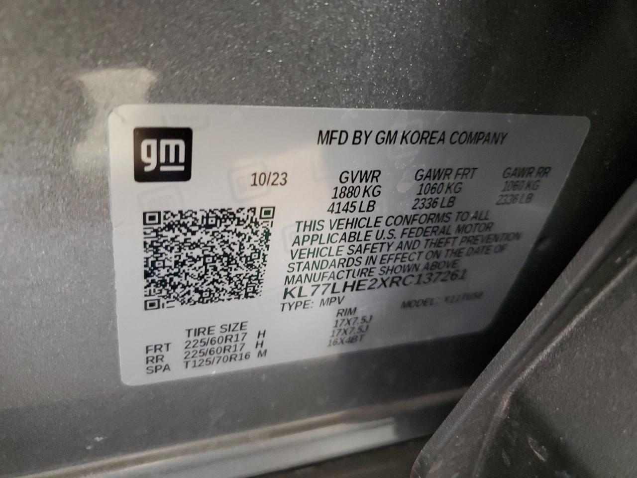 2024 CHEVROLET TRAX 1LT VIN:KL77LHE2XRC137261