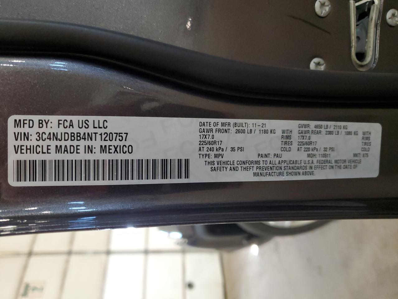 2022 JEEP COMPASS LATITUDE VIN:3C4NJDBB4NT120757