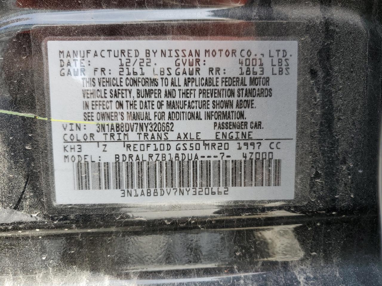 2022 NISSAN SENTRA SR VIN:3N1AB8DV7NY320662