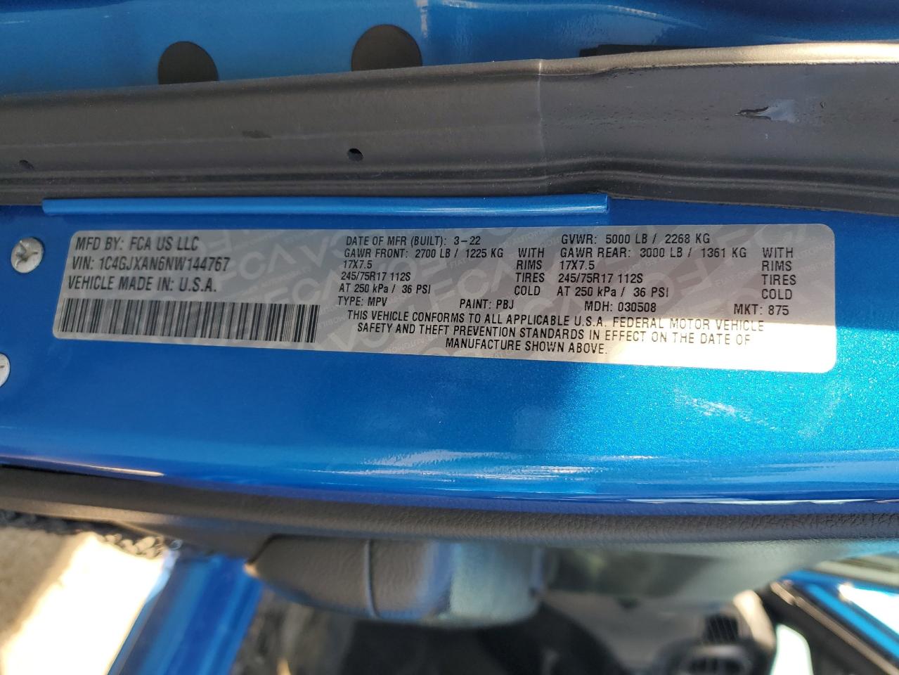 2022 JEEP WRANGLER SPORT VIN:1C4GJXAN6NW144767