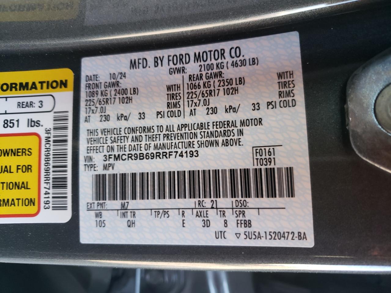 2024 FORD BRONCO SPORT BIG BEND VIN:3FMCR9B69RRF74193