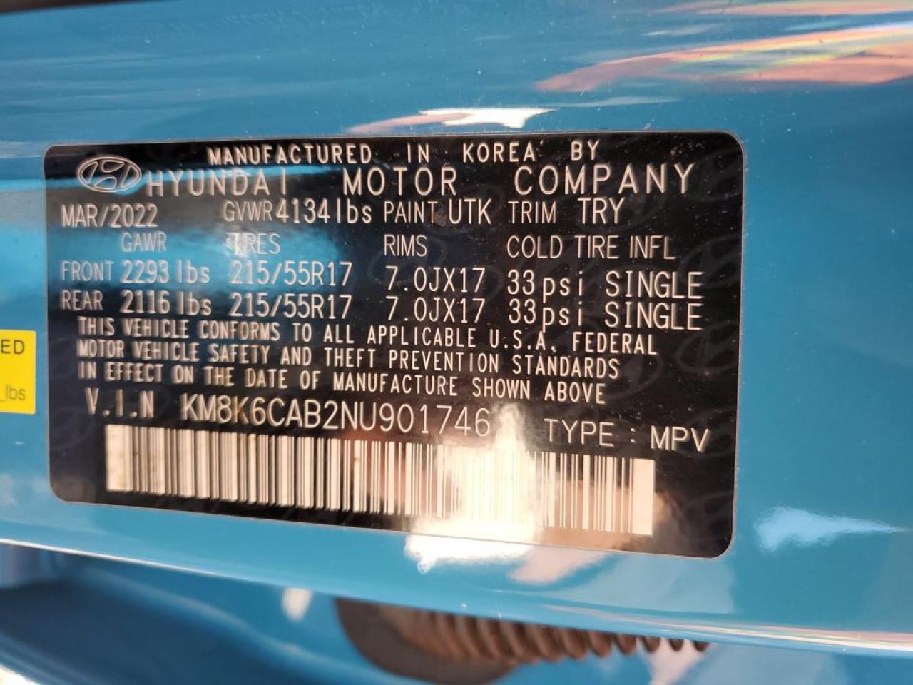 2022 HYUNDAI KONA SEL VIN:KM8K6CAB2NU901746