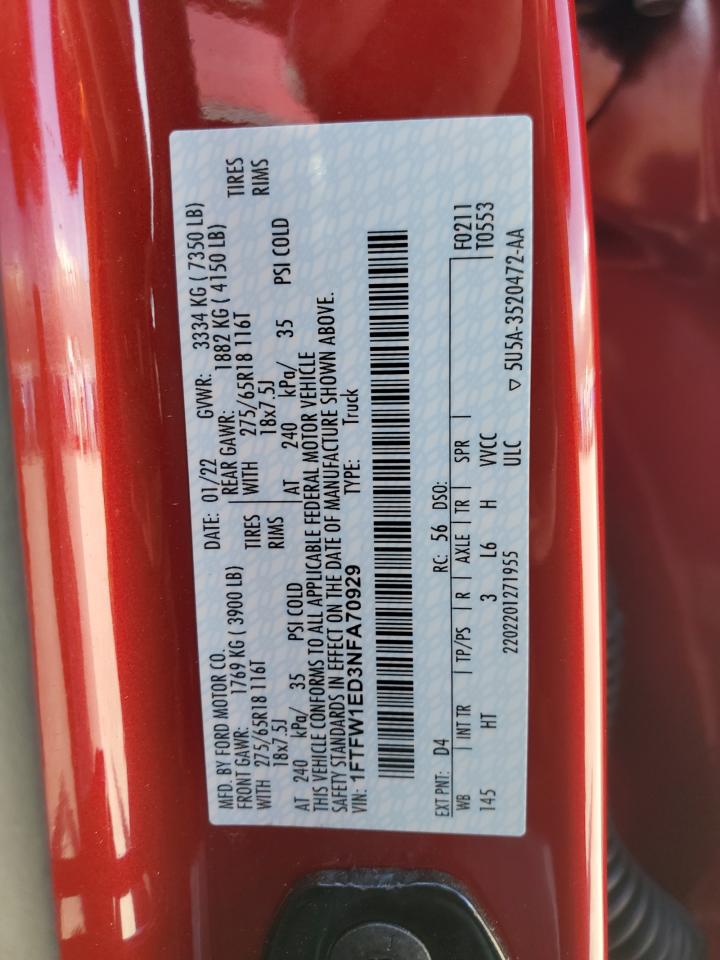 2022 FORD F150 SUPERCREW VIN:1FTFW1ED3NFA70929