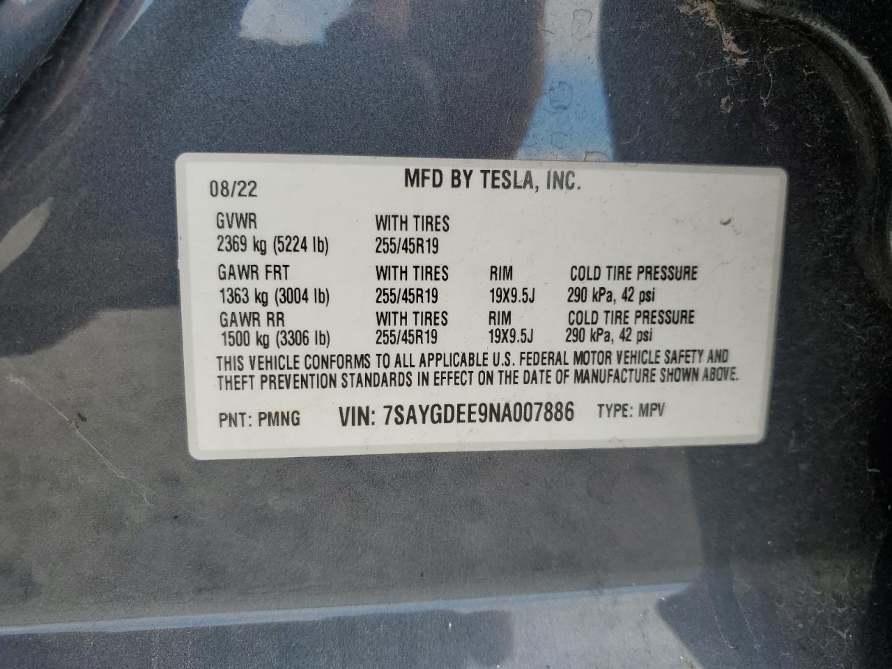 2022 TESLA MODEL Y  VIN:7SAYGDEE9NA007886