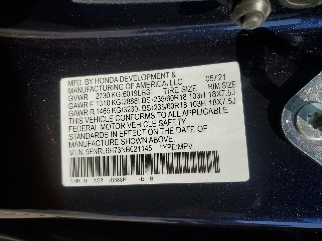 2022 HONDA ODYSSEY EXL VIN:5FNRL6H73NB021145