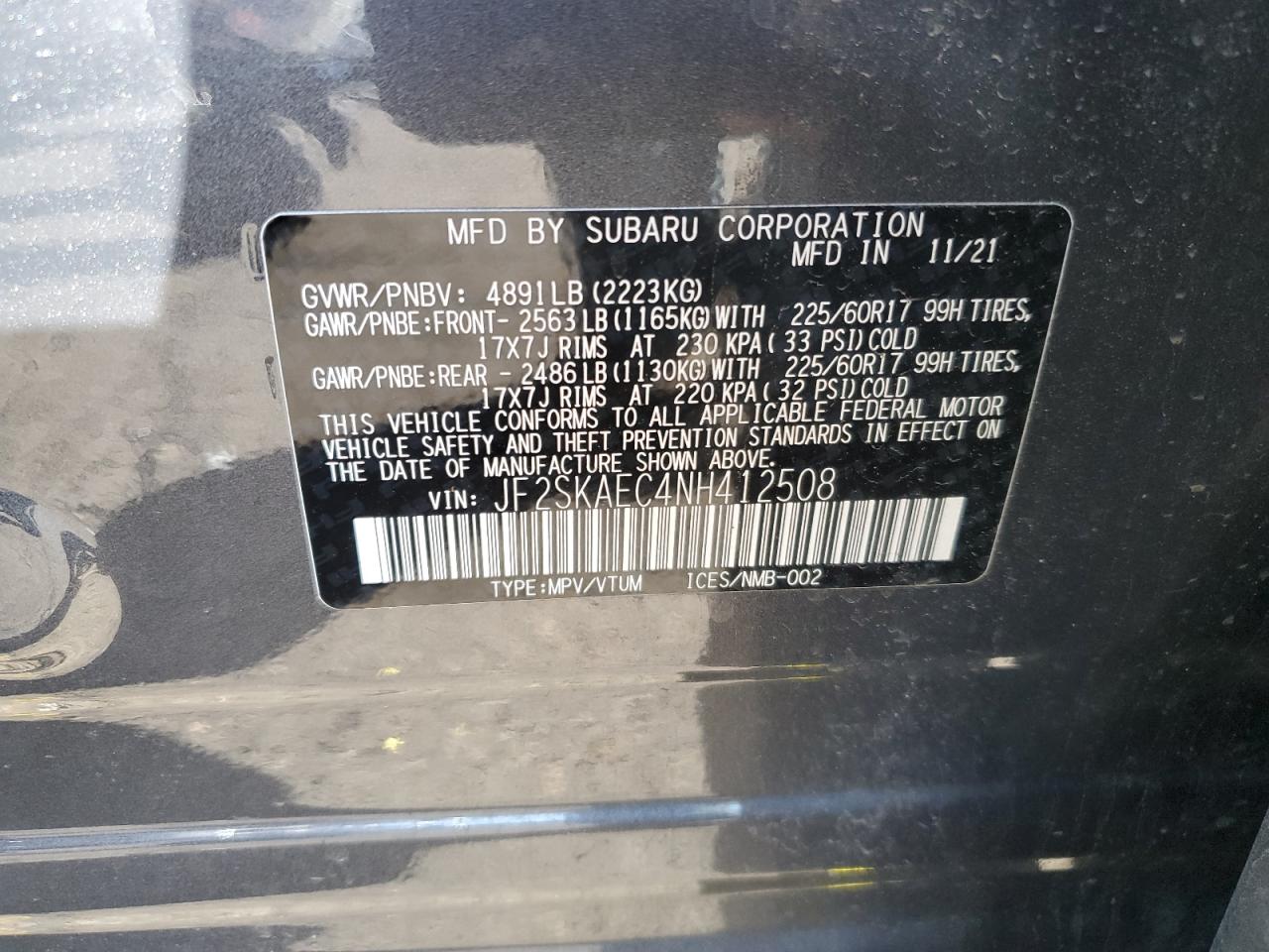 2022 SUBARU FORESTER PREMIUM VIN:JF2SKAEC4NH412508