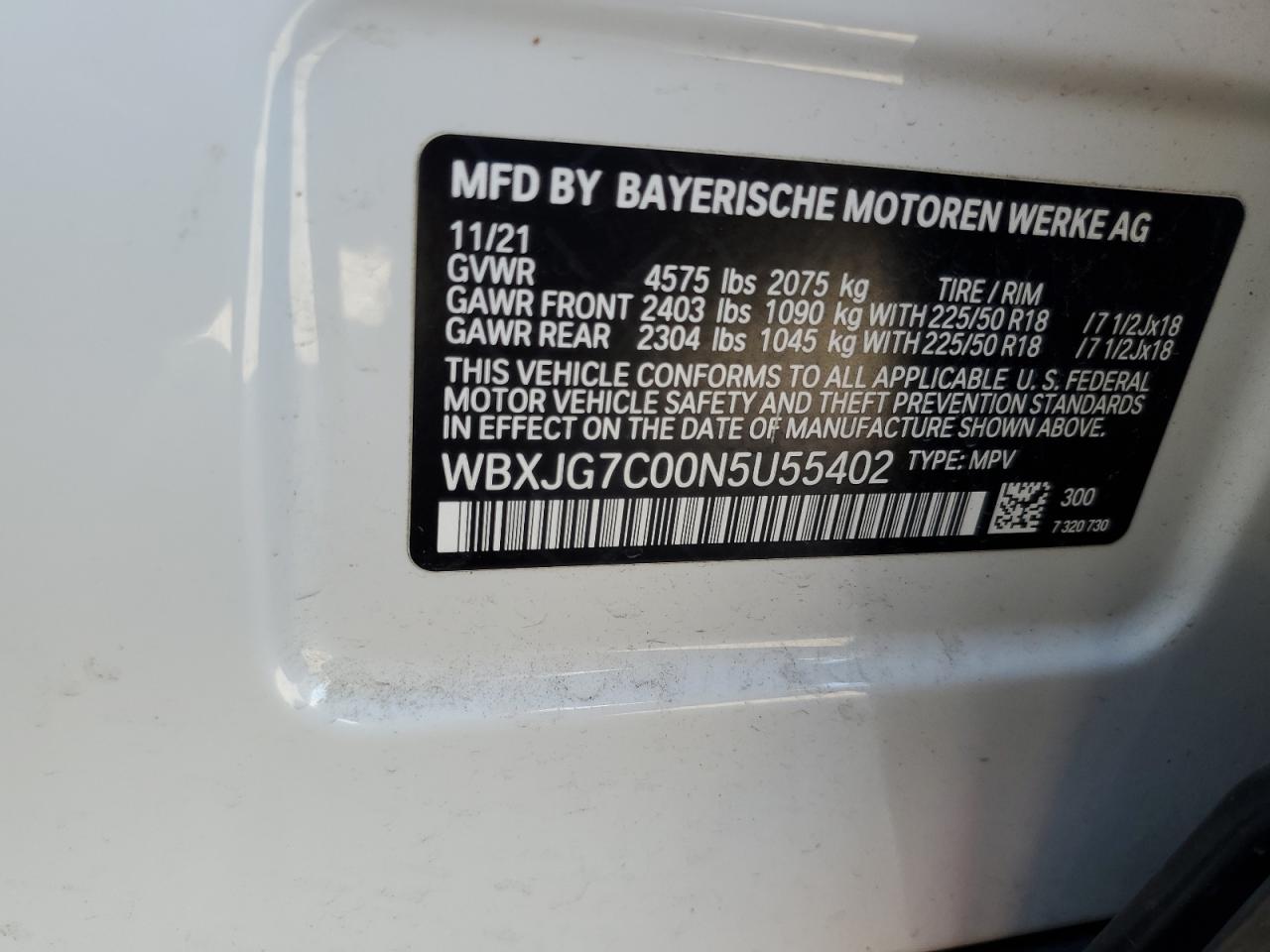 2022 BMW X1 SDRIVE28I VIN:WBXJG7C00N5U55402