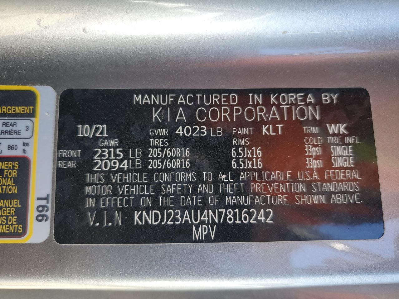 2022 KIA SOUL LX VIN:KNDJ23AU4N7816242