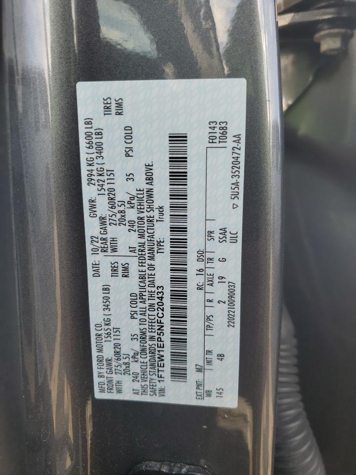 2022 FORD F150 SUPERCREW VIN:1FTEW1EP5NFC20433