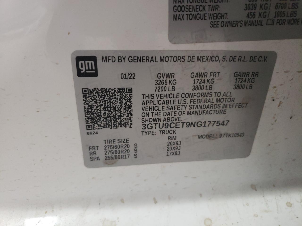 2022 GMC SIERRA LIMITED K1500 ELEVATION VIN:3GTU9CET9NG177547