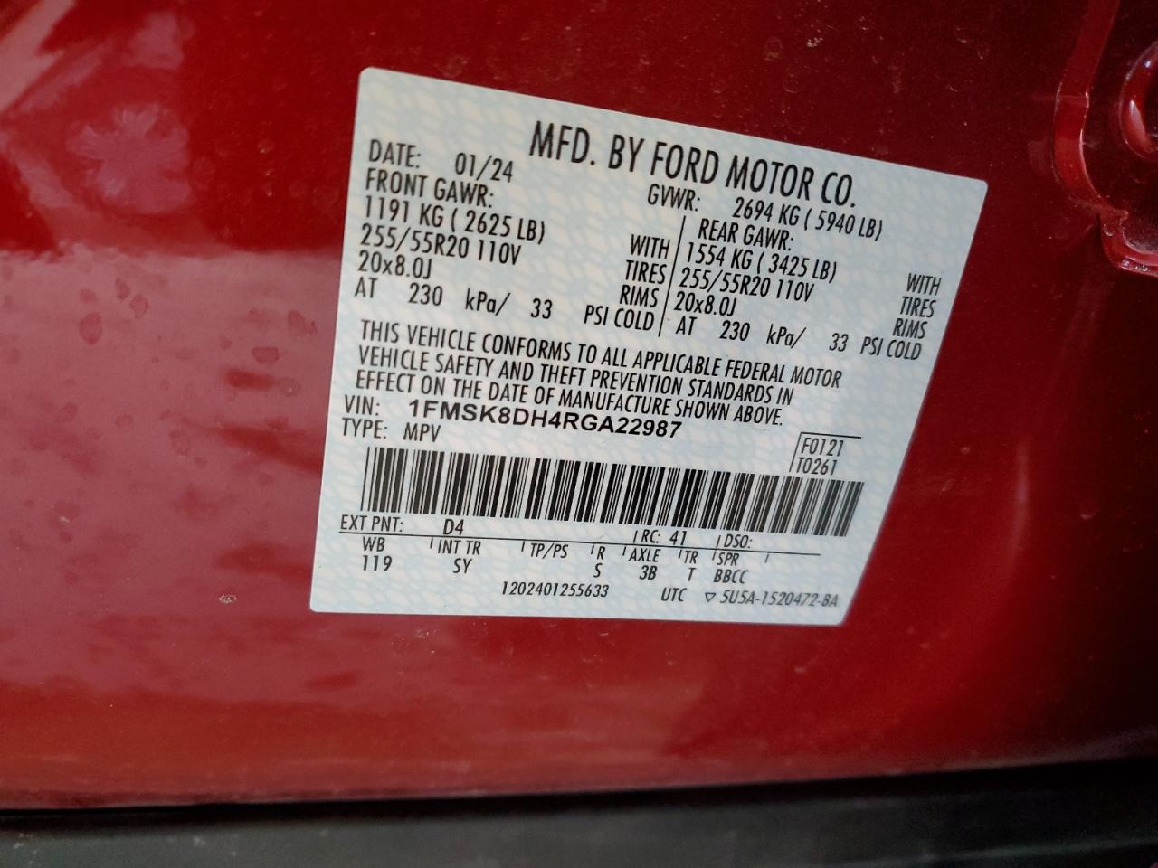 2024 FORD EXPLORER XLT VIN:1FMSK8DH4RGA22987