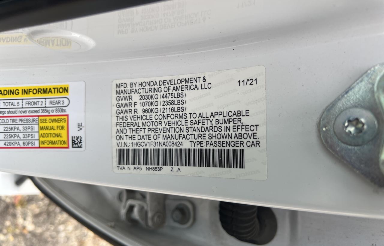 2022 HONDA ACCORD SPORT VIN:1HGCV1F31NA008424