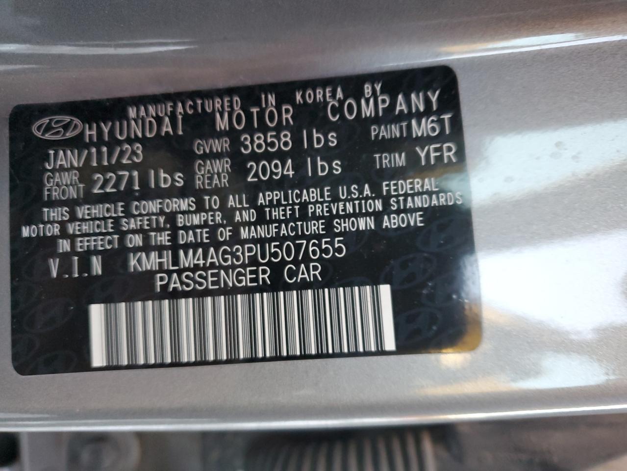 2023 HYUNDAI ELANTRA SEL VIN:KMHLM4AG3PU507655