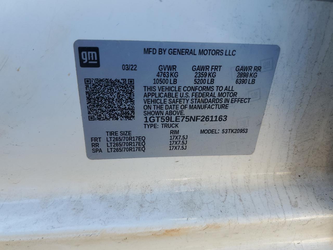2022 GMC SIERRA K2500 HEAVY DUTY VIN:1GT59LE75NF261163