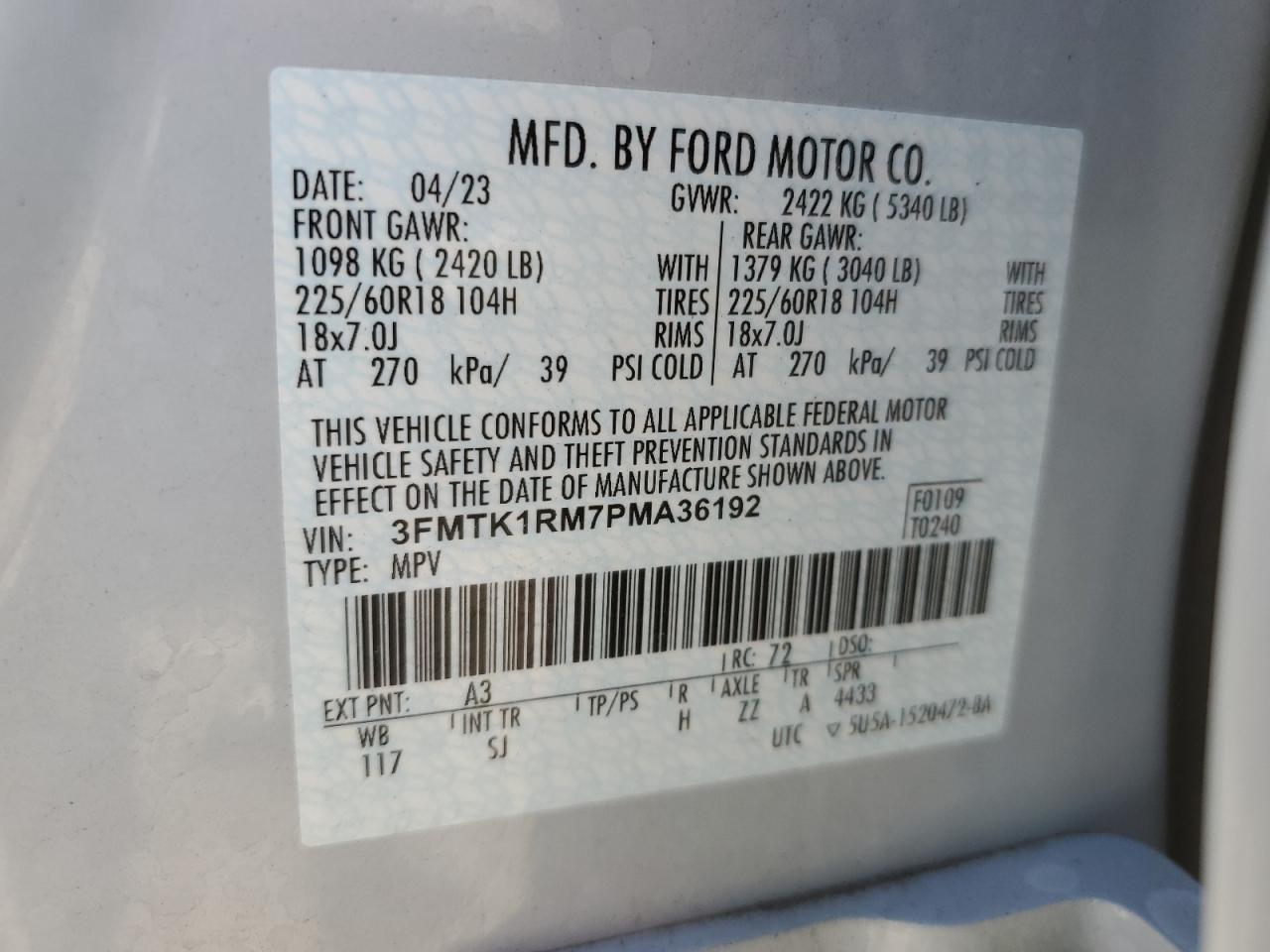 2023 FORD MUSTANG MACH-E SELECT VIN:3FMTK1RM7PMA36192