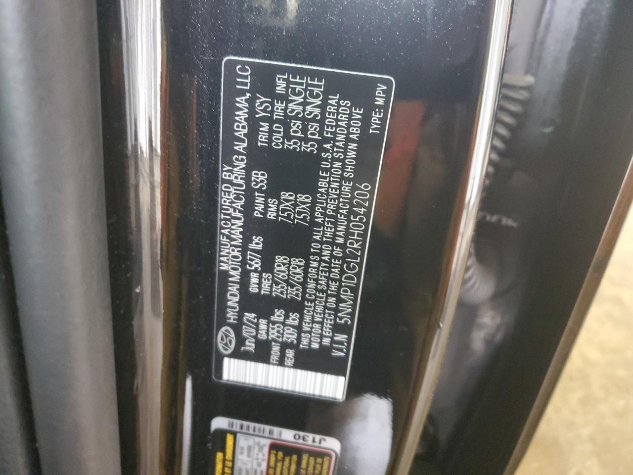 2024 HYUNDAI SANTA FE SE VIN:5NMP1DGL2RH054206