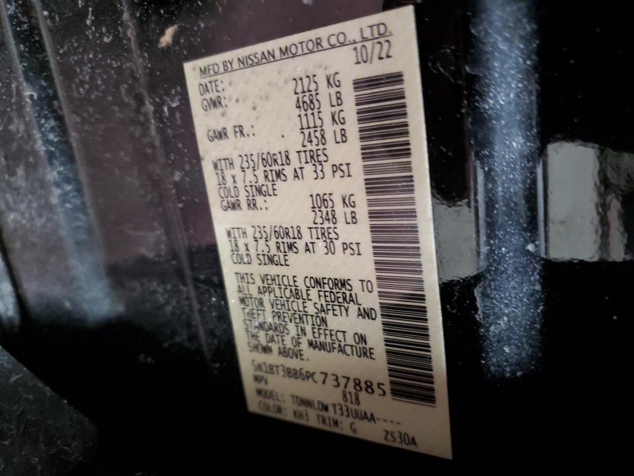 2023 NISSAN ROGUE SV VIN:5N1BT3BB6PC737885