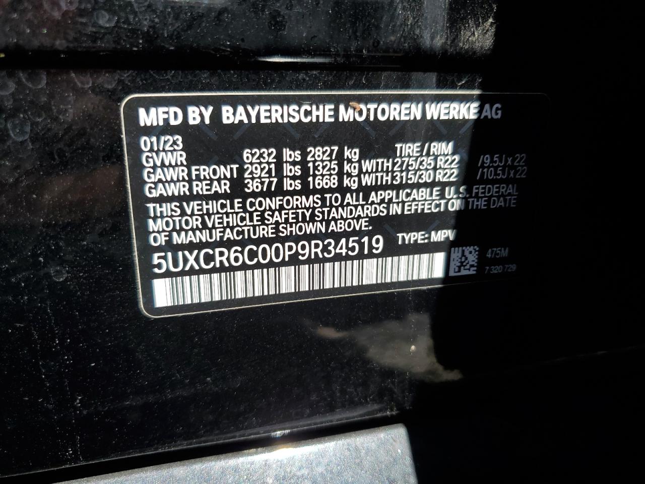 2023 BMW X5 XDRIVE40I VIN:5UXCR6C00P9R34519