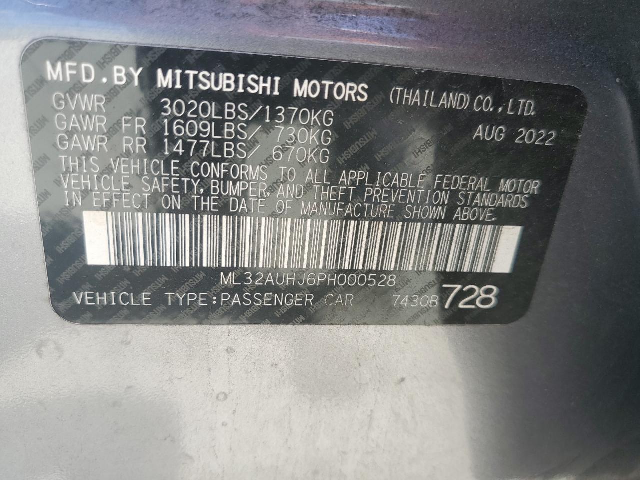 2023 MITSUBISHI MIRAGE ES VIN:ML32AUHJ6PH000528