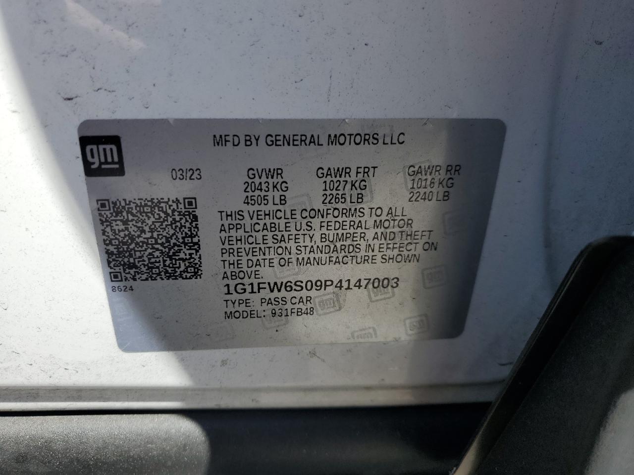 2023 CHEVROLET BOLT EV 1LT VIN:1G1FW6S09P4147003