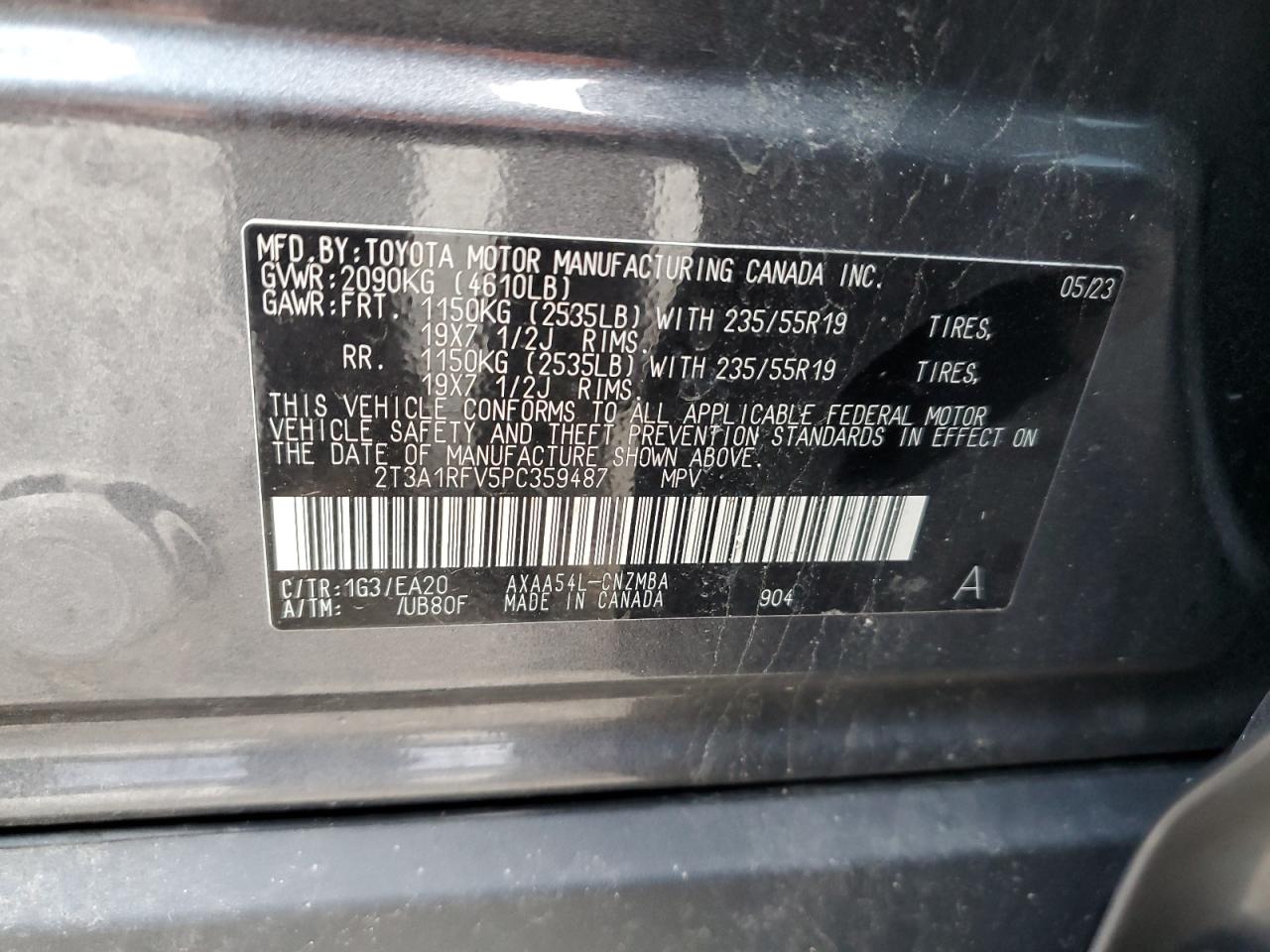 2023 TOYOTA RAV4 XLE PREMIUM VIN:2T3A1RFV5PC359487