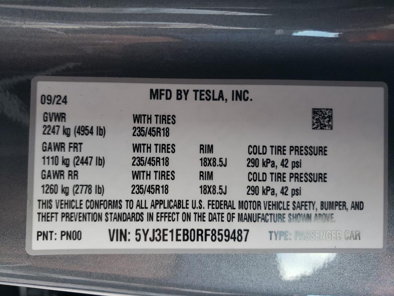 2024 TESLA MODEL 3  VIN:5YJ3E1EB0RF859487