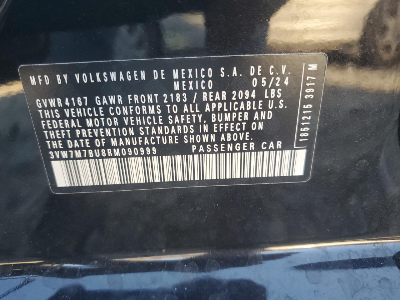2024 VOLKSWAGEN JETTA SE VIN:3VW7M7BU8RM090999