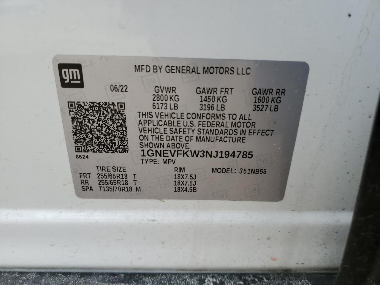 2022 CHEVROLET TRAVERSE LS VIN:1GNEVFKW3NJ194785