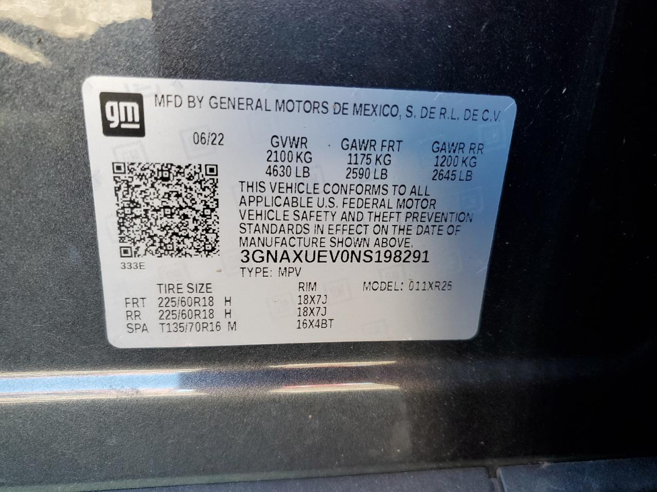 2022 CHEVROLET EQUINOX LT VIN:3GNAXUEV0NS198291