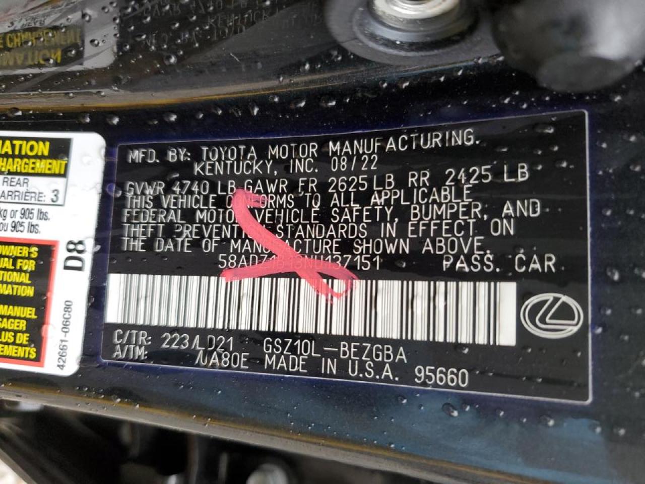 2022 LEXUS ES 350 BASE VIN:58ADZ1B13NU137151