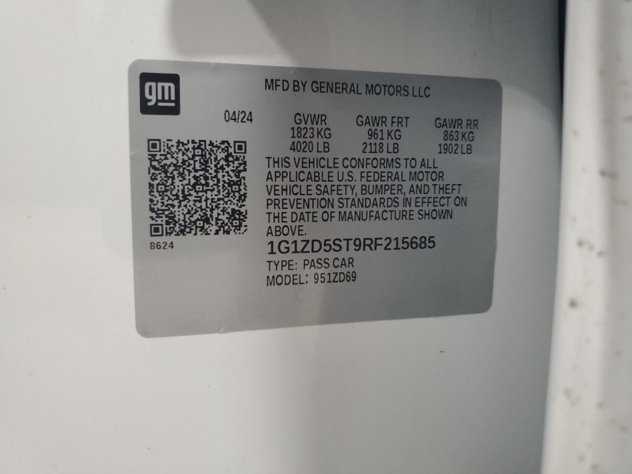 2024 CHEVROLET MALIBU LT VIN:1G1ZD5ST9RF215685