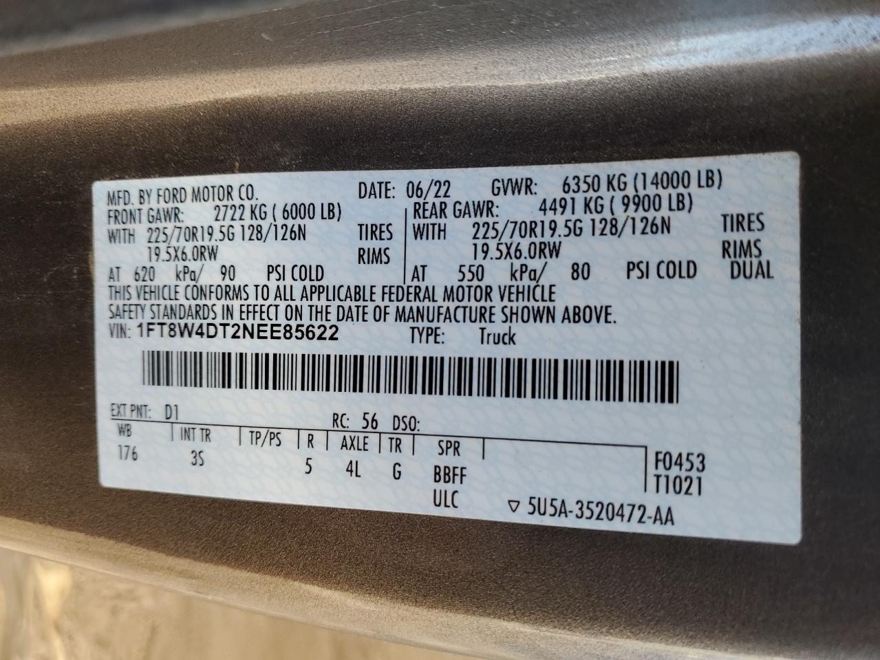 2022 FORD F450 SUPER DUTY VIN:1FT8W4DT2NEE85622