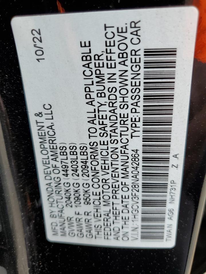 2022 HONDA ACCORD HYBRID SPORT VIN:3MVDMBCL0LM118184