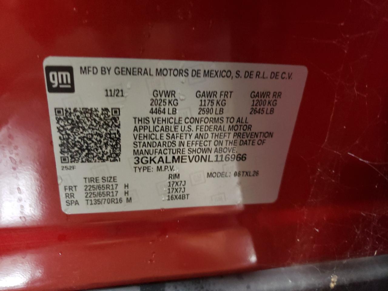 2022 GMC TERRAIN SLE VIN:3GKALMEV0NL116966