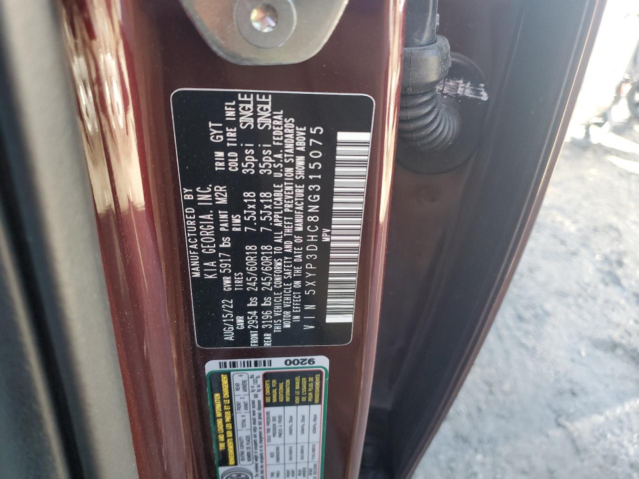 2022 KIA TELLURIDE EX VIN:5XYP3DHC8NG315075