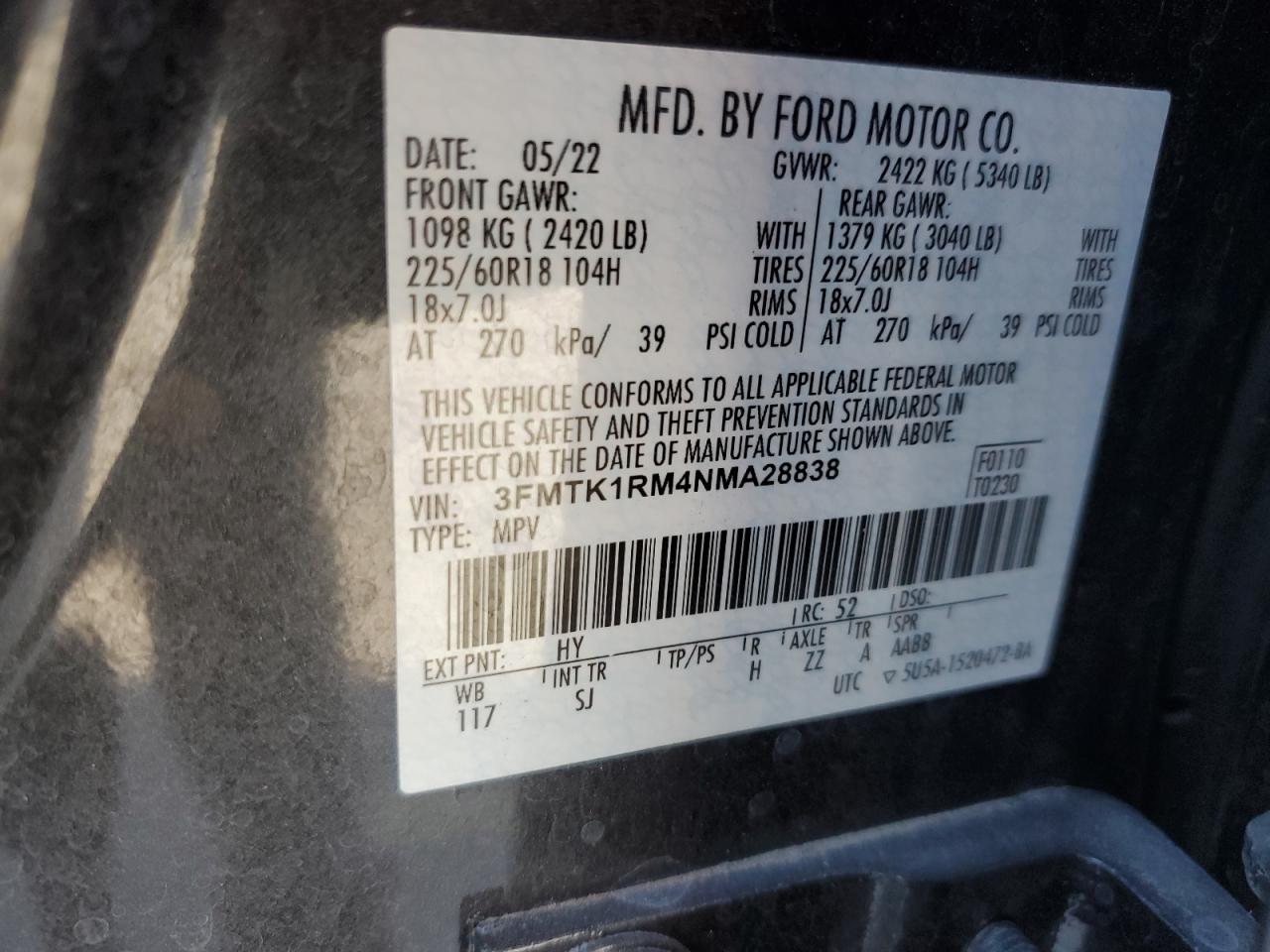 2022 FORD MUSTANG MACH-E SELECT VIN:3FMTK1RM4NMA28838