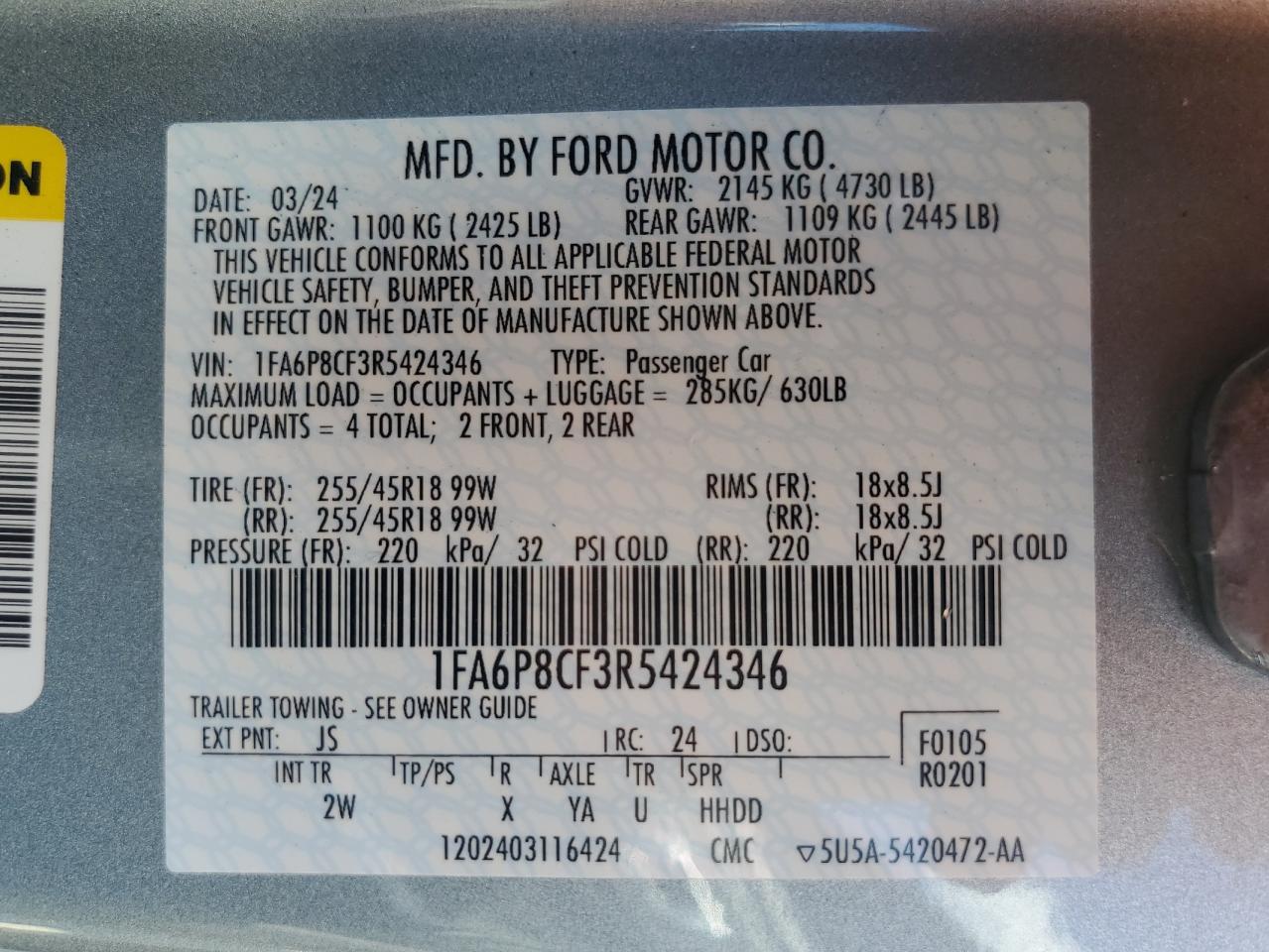 2024 FORD MUSTANG GT VIN:1FA6P8CF3R5424346