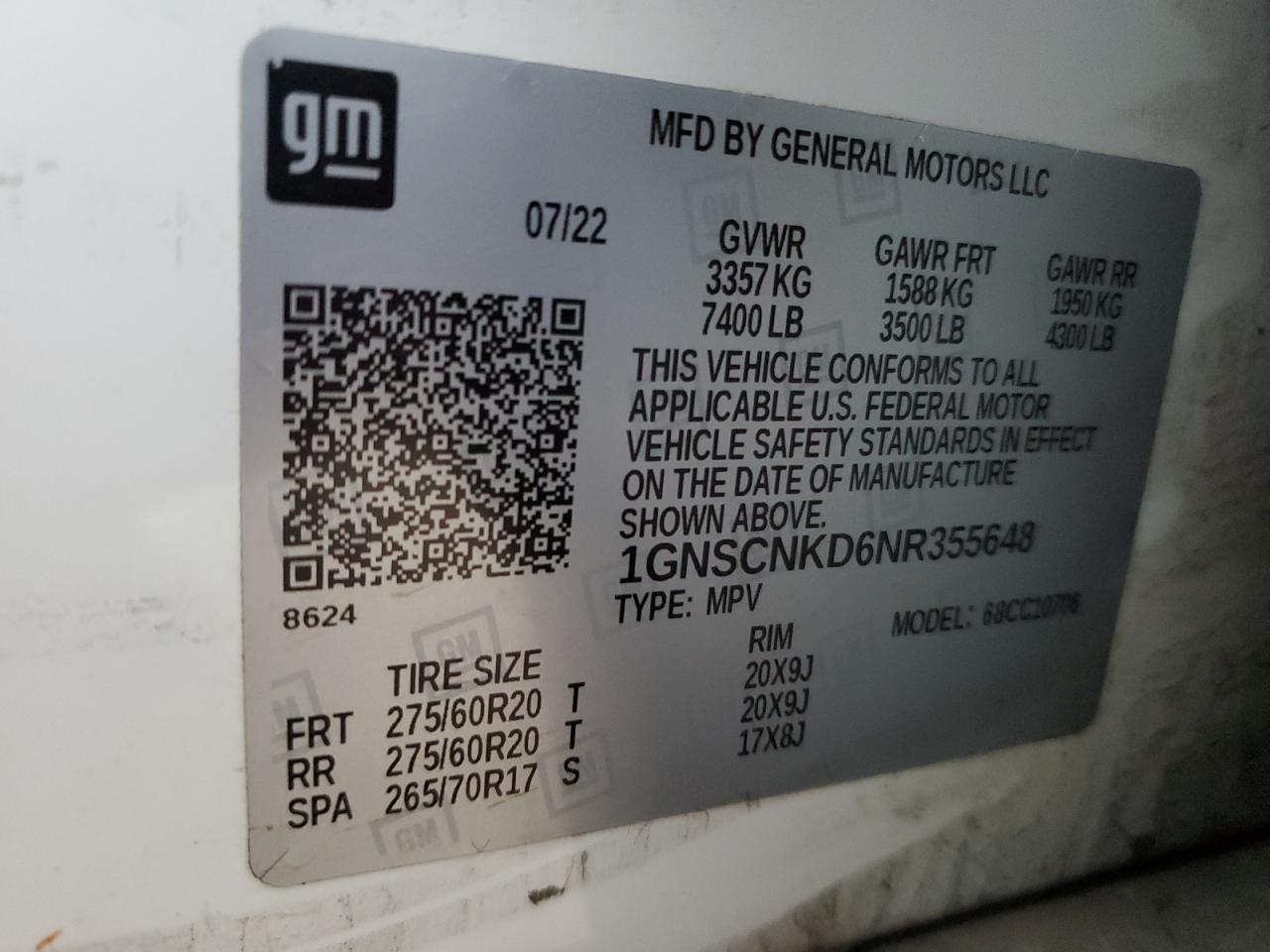 2022 CHEVROLET TAHOE C1500 LT VIN:1GNSCNKD6NR355648