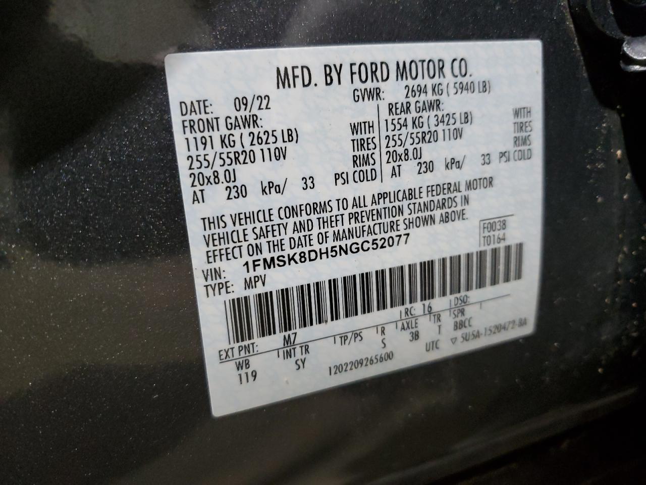 2022 FORD EXPLORER XLT VIN:1FMSK8DH5NGC52077