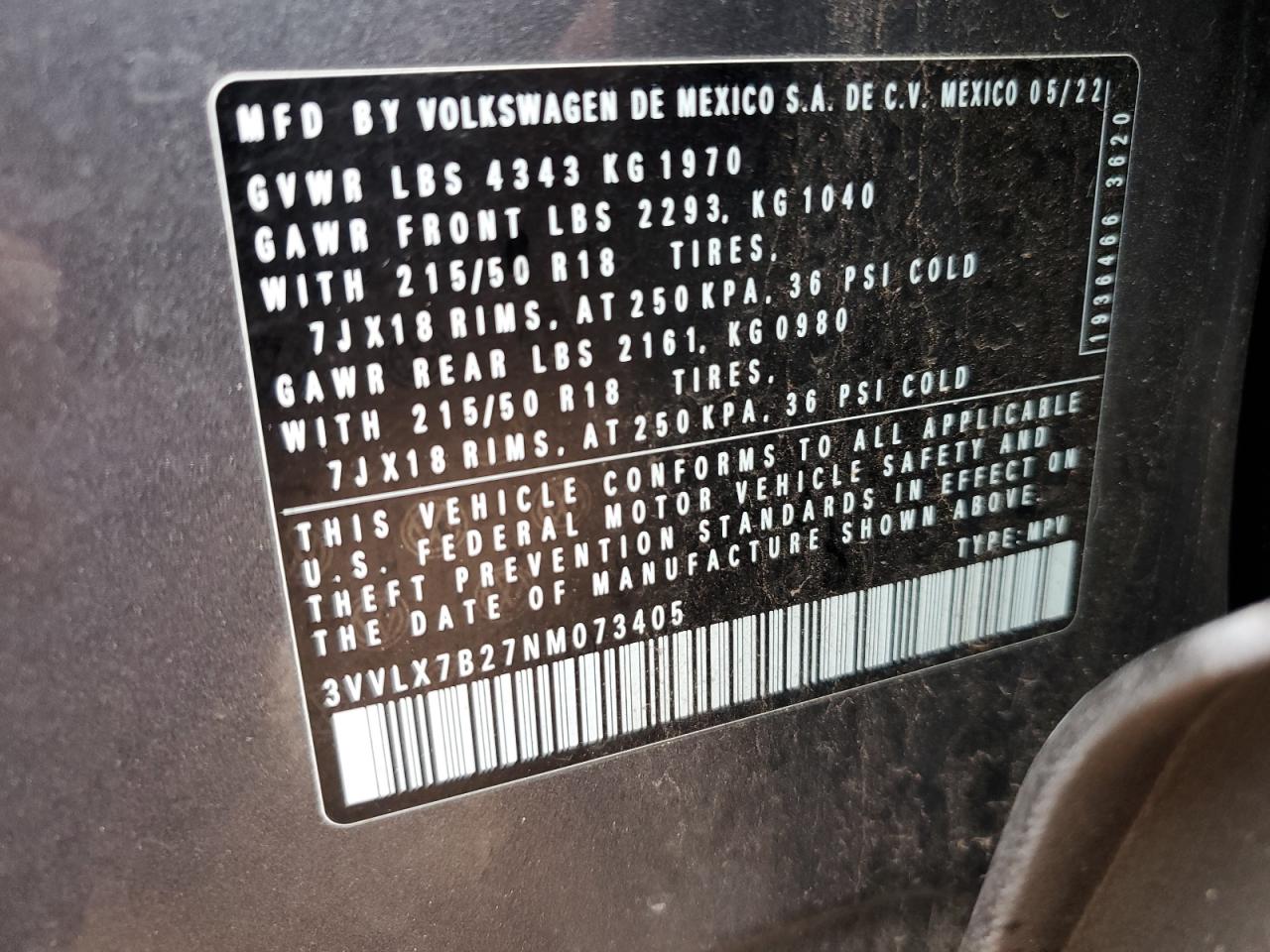 2022 VOLKSWAGEN TAOS SE IQ DRIVE VIN:3VVLX7B27NM073405