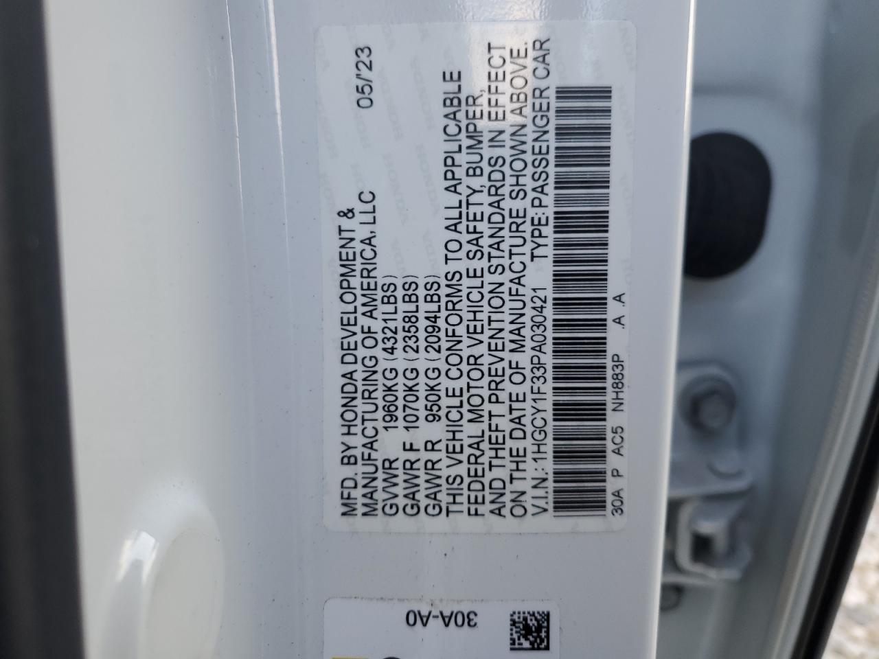 2023 HONDA ACCORD EX VIN:1HGCY1F33PA030421