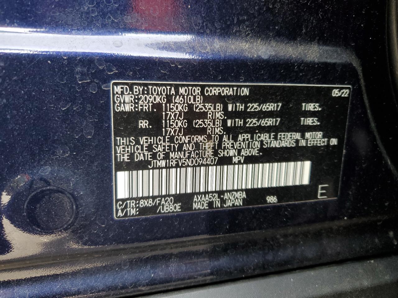 2022 TOYOTA RAV4 XLE VIN:JTMW1RFV5ND094407