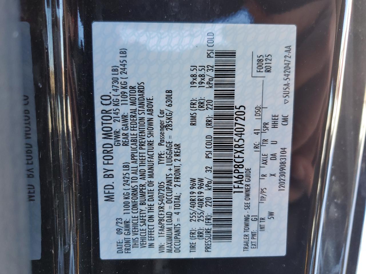 2024 FORD MUSTANG GT VIN:1FA6P8CFXR5407205