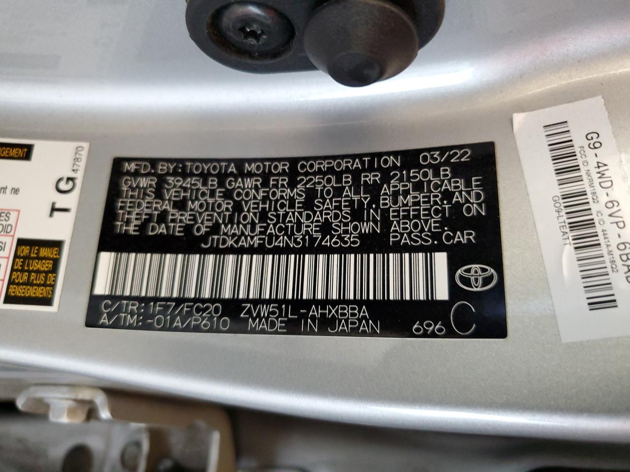 2022 TOYOTA PRIUS NIGHT SHADE VIN:JTDKAMFU4N3174635