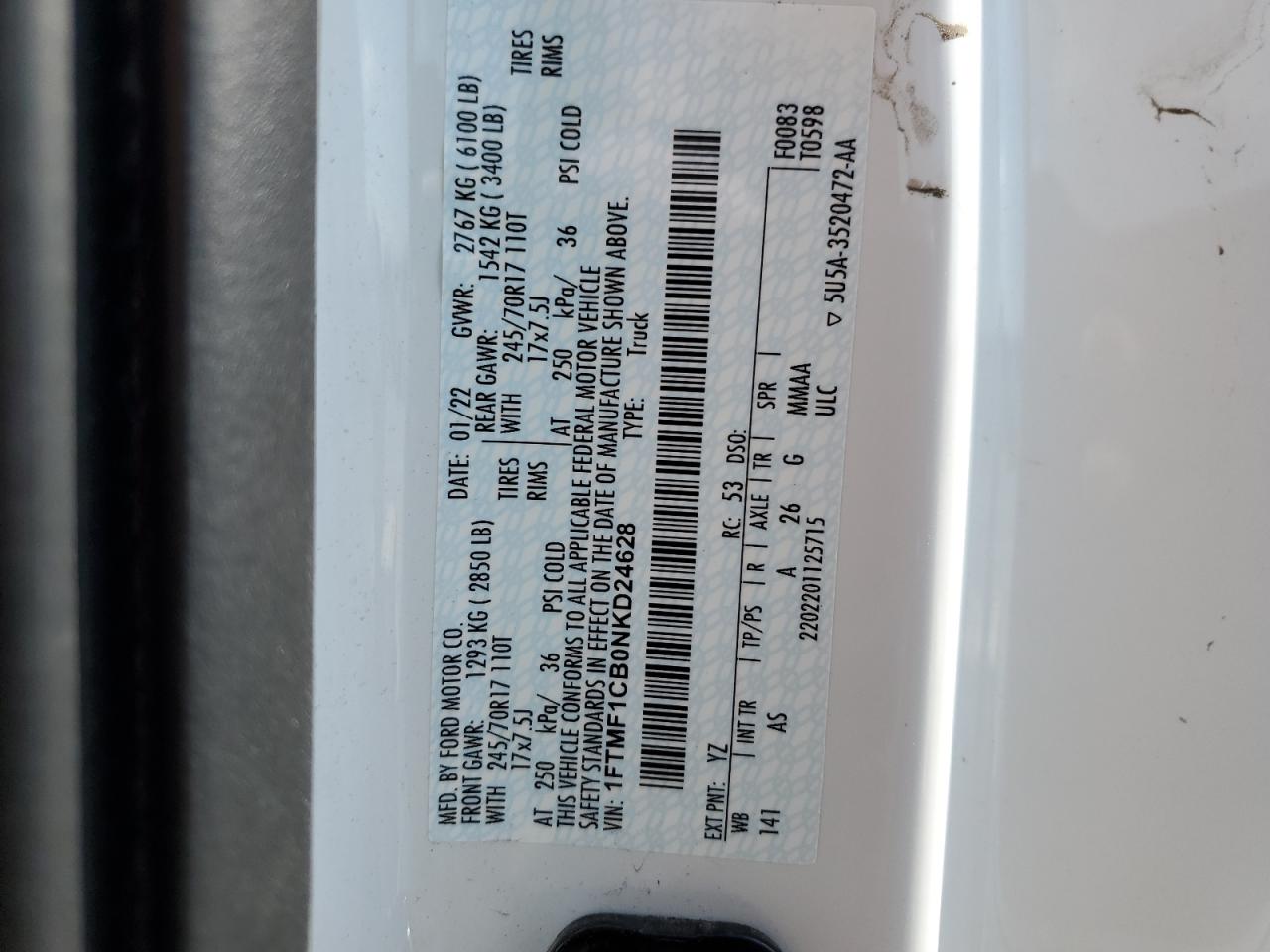 2022 FORD F150  VIN:1FTMF1CB0NKD24628